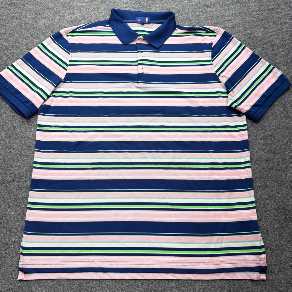 Stitch Golf Mens Large Striped Performance Polo Shirt Navy Pink Green 1917 Logo